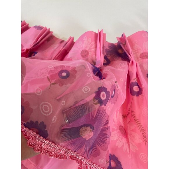 Vintage 70s valance curtain, pink, purple daisies, swag ruffled panel - Picture 5 of 10